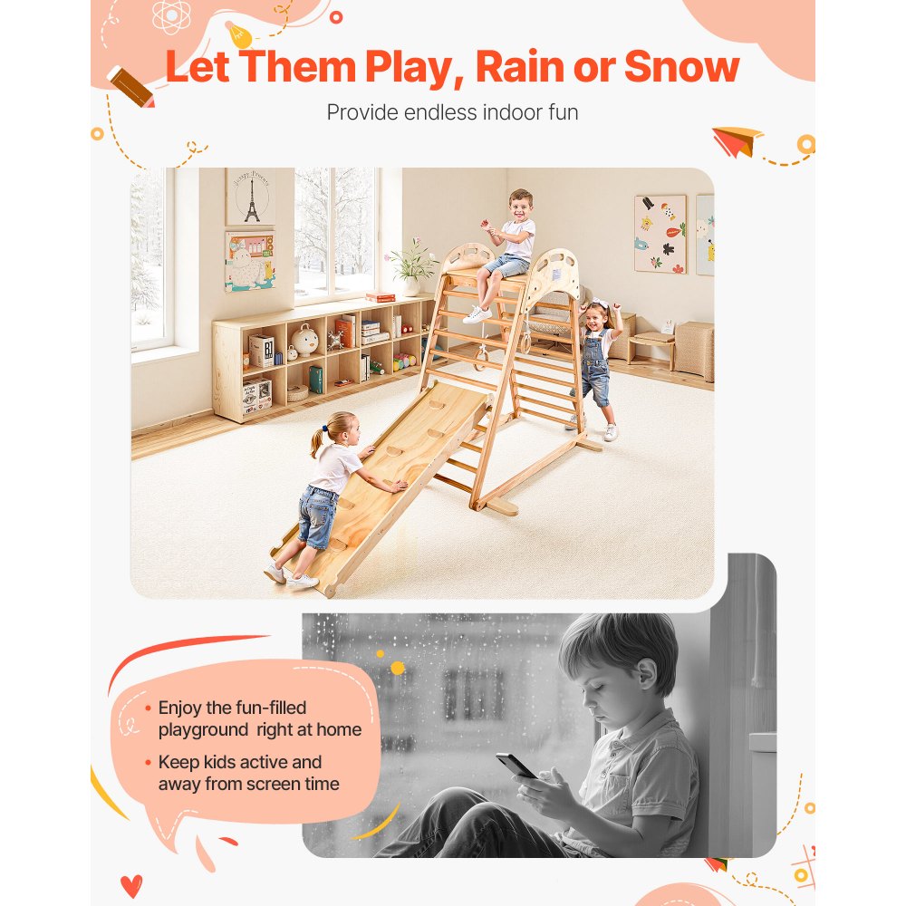 VEVOR Indoor Playground Jungle Gym, 4-in-1 Wooden Indoor Playground Climbing Toys for Kids, Montessori Toddlers Climber Playset with Climbing Rock, Slide, Wooden Ladder & Gym Rings, 100KG Loading