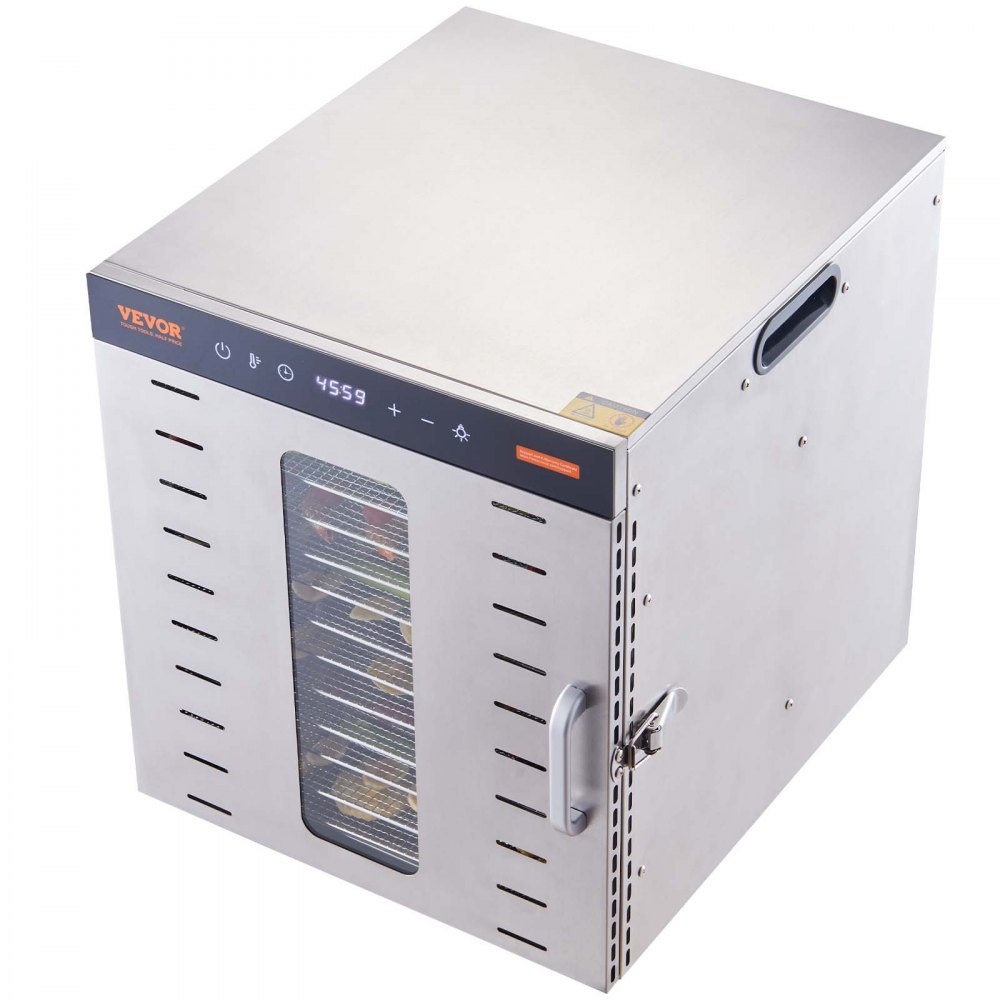 Suszarka do żywności VEVOR 1000 W, stal nierdzewna, 377 x 285 mm, 10 tac, suszenie 360°, regulacja temperatury, timer od 0,5 do 48 godzin, zabezpieczenie przed przegrzaniem, książeczka z przepisami na mięso, owoce i warzywa
