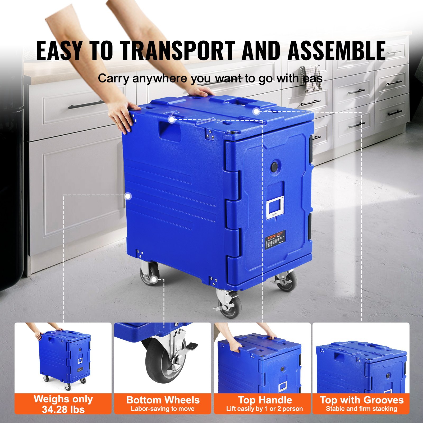 VEVOR Insulated Food Container Carrier, 82 Qt Hot Box for Catering, LLDPE Food Container Carrier with One-Piece Buckle, Front Loader with Handles, End Loader with Wheels for Restaurant, Canteen, etc.