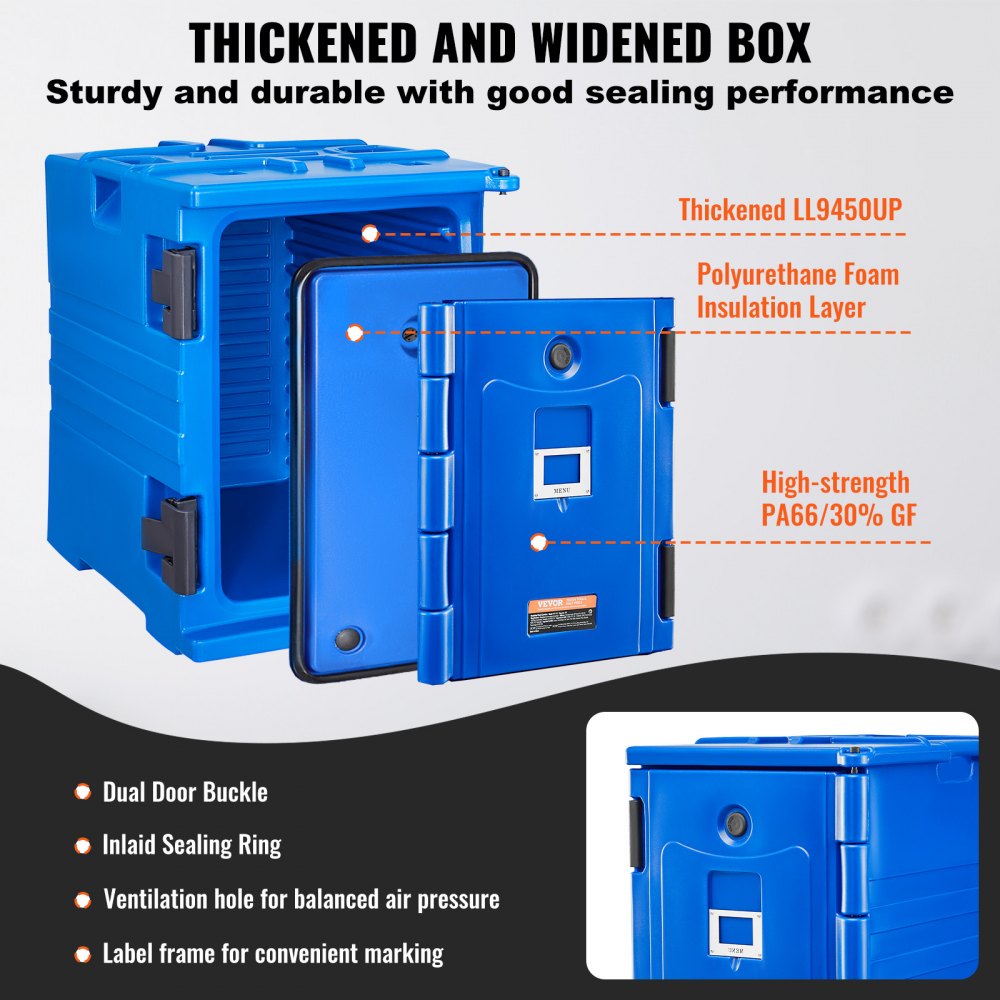 VEVOR Insulated Food Container Carrier, 90L Food Warming Box for Catering, Food Container with Double Buckles & Handles, Food Carrier, Food Transport Box for Restaurant Canteen, Blue