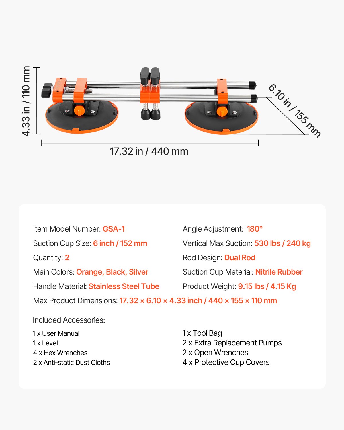 VEVOR Seamless Seam Setter, zestaw 2 szt., granitowy łącznik szwów z przyssawkami próżniowymi 152 mm i torbą narzędziową, do łączenia i poziomowania szwów, idealny do płytek, kamienia, płyt marmurowych