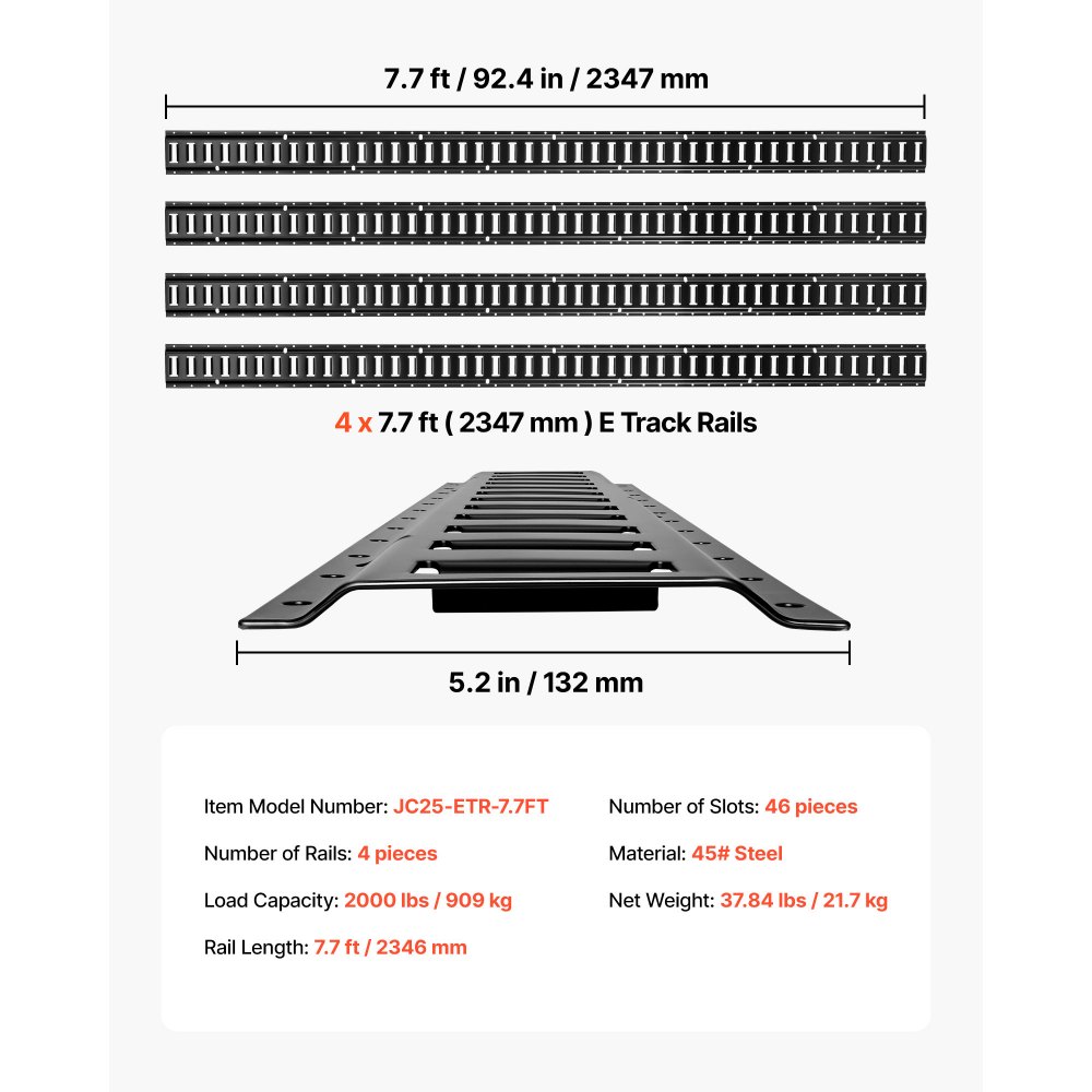 Szyny mocujące VEVOR E-Track, zestaw 4 szt., 2,3 m. Szyny E-Track zabezpieczają ładunki o wadze do 909 kg, system mocowania przyczep do garaży, furgonetek, szyny mocujące motocykle, uchwyty do quadów.
