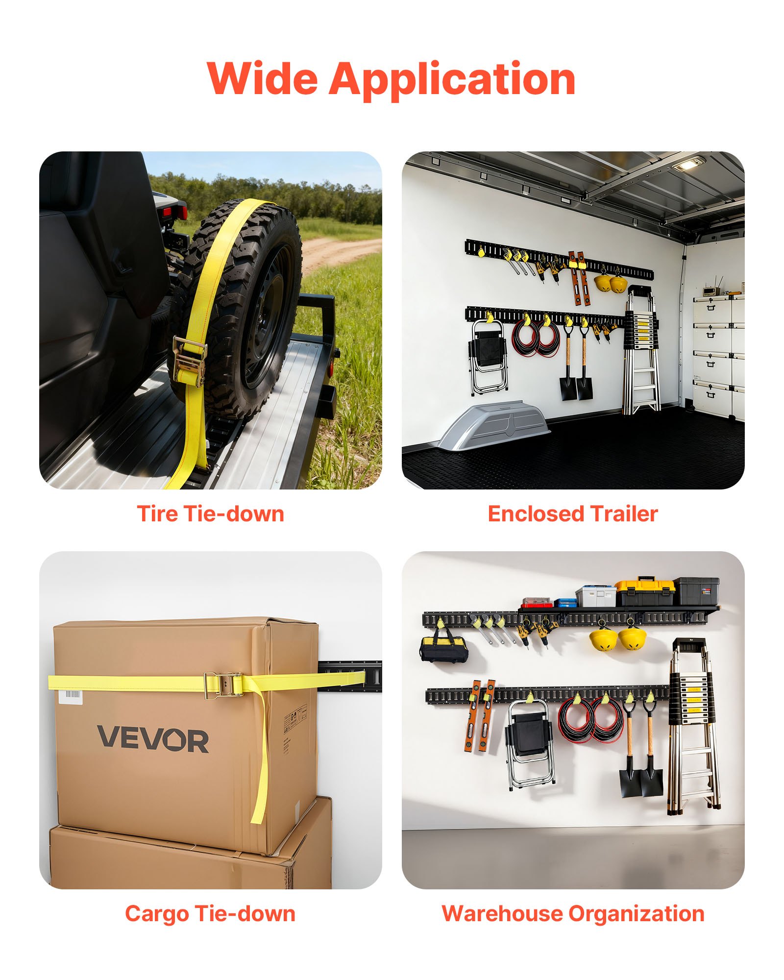 Szyny mocujące VEVOR E-Track, zestaw 4 szt., 2,3 m. Szyny E-Track zabezpieczają ładunki o wadze do 909 kg, system mocowania przyczep do garaży, furgonetek, szyny mocujące motocykle, uchwyty do quadów.