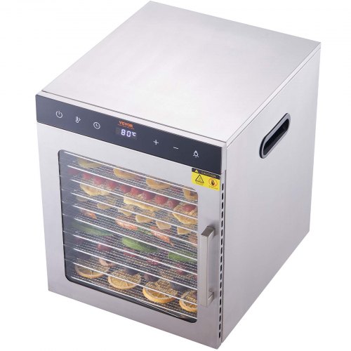 Suszarka VEVOR 800 W stal nierdzewna, 300 x 280 mm 10 szt. tac 360° Dry, dehydrator, regulacja temperatury 30-90 ℃, timer od 0,5 do 48 godzin, ochrona przed przegrzaniem, książeczka z przepisami na mięso, owoce, warzywa