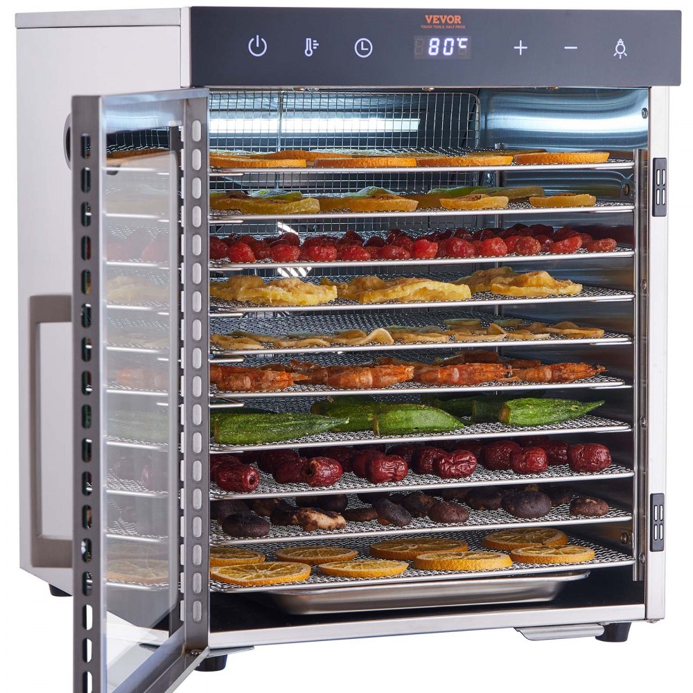Suszarka VEVOR 800 W stal nierdzewna, 300 x 280 mm 10 szt. tac 360° Dry, dehydrator, regulacja temperatury 30-90 ℃, timer od 0,5 do 48 godzin, ochrona przed przegrzaniem, książeczka z przepisami na mięso, owoce, warzywa
