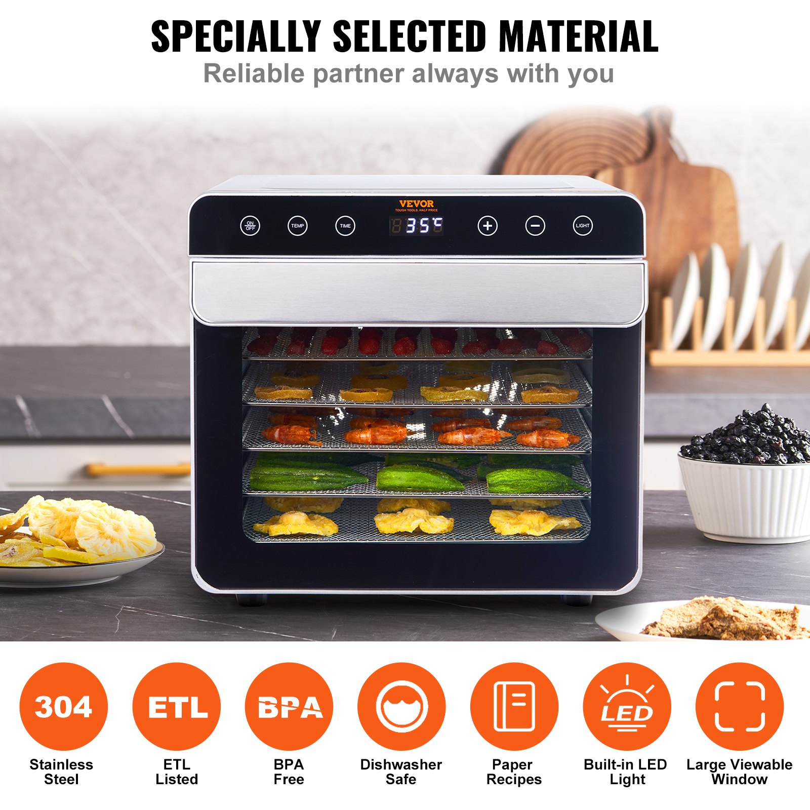 Suszarka do żywności VEVOR 700 W, stal nierdzewna, 300 x 280 mm, 6 tac, suszenie 360°, regulacja temperatury 35–85°C, timer od 0,5 do 48 godzin, zabezpieczenie przed przegrzaniem, książeczka z przepisami na mięso, owoce i warzywa