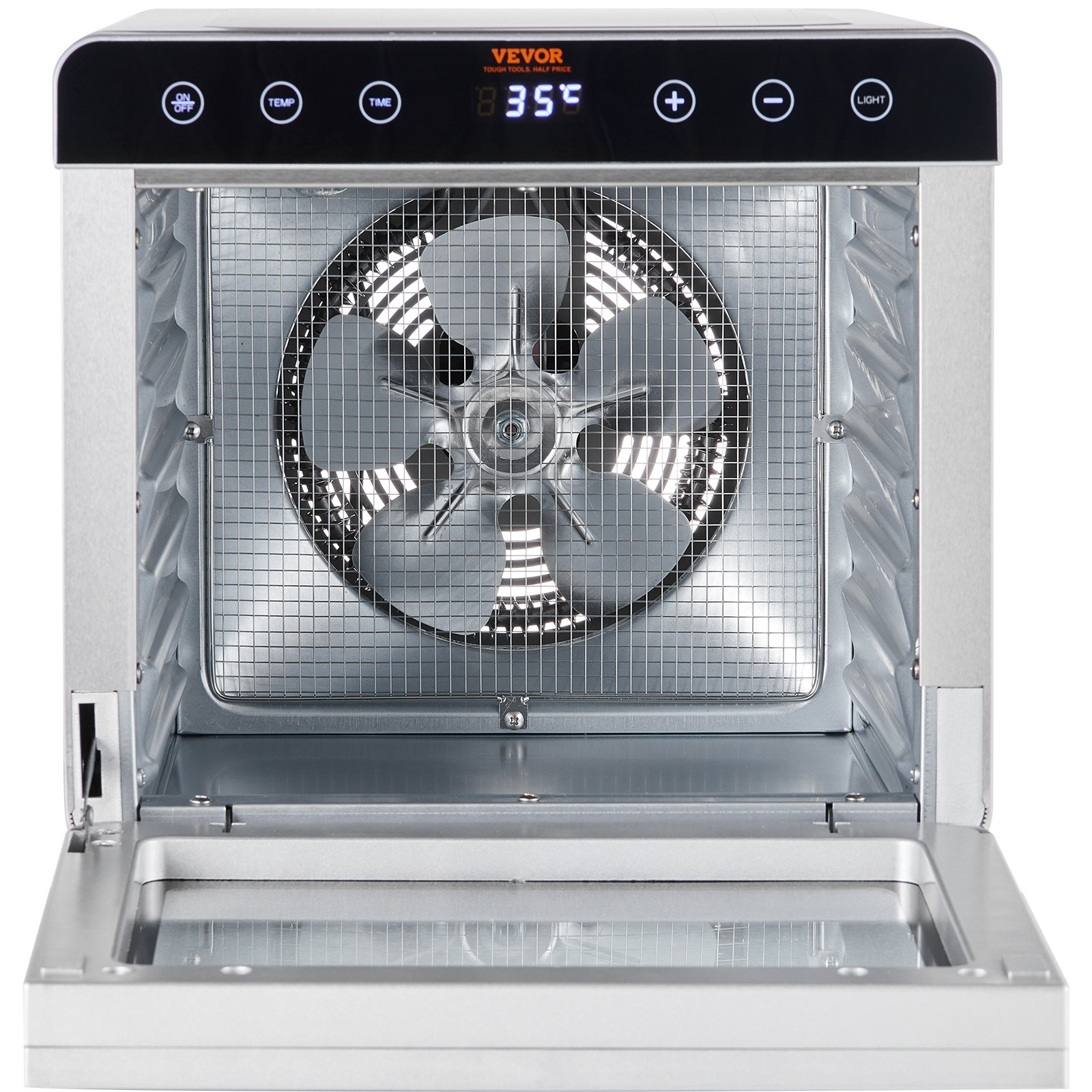 Suszarka do żywności VEVOR 700 W, stal nierdzewna, 300 x 280 mm, 6 tac, suszenie 360°, regulacja temperatury 35–85°C, timer od 0,5 do 48 godzin, zabezpieczenie przed przegrzaniem, książeczka z przepisami na mięso, owoce i warzywa