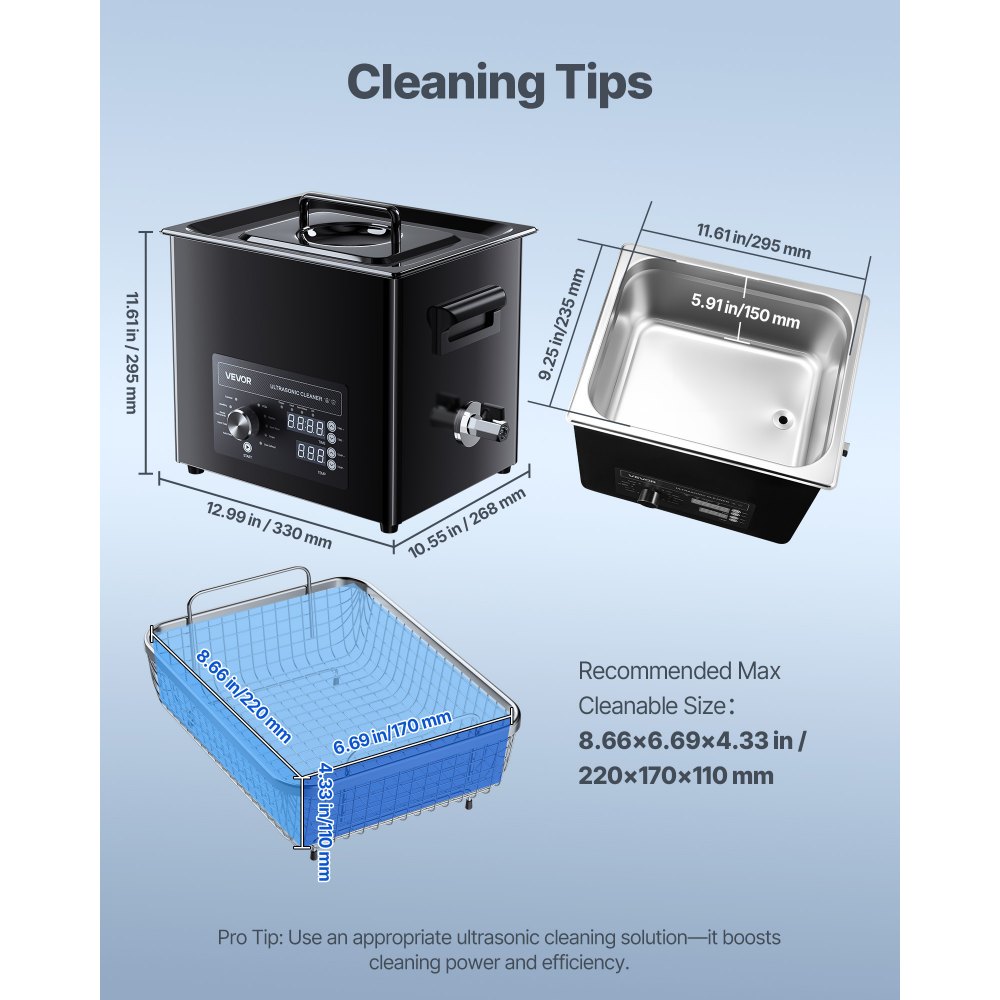 VEVOR Ultrasonic Cleaner, profesjonalne urządzenie do czyszczenia ultradźwiękowego z pokrętłem sterującym, pojemność 10 l, urządzenie czyszczące z koszykiem i kulką czyszczącą, ultradźwiękowa myjka do zegarków, maszynek do golenia, biżuterii i monet