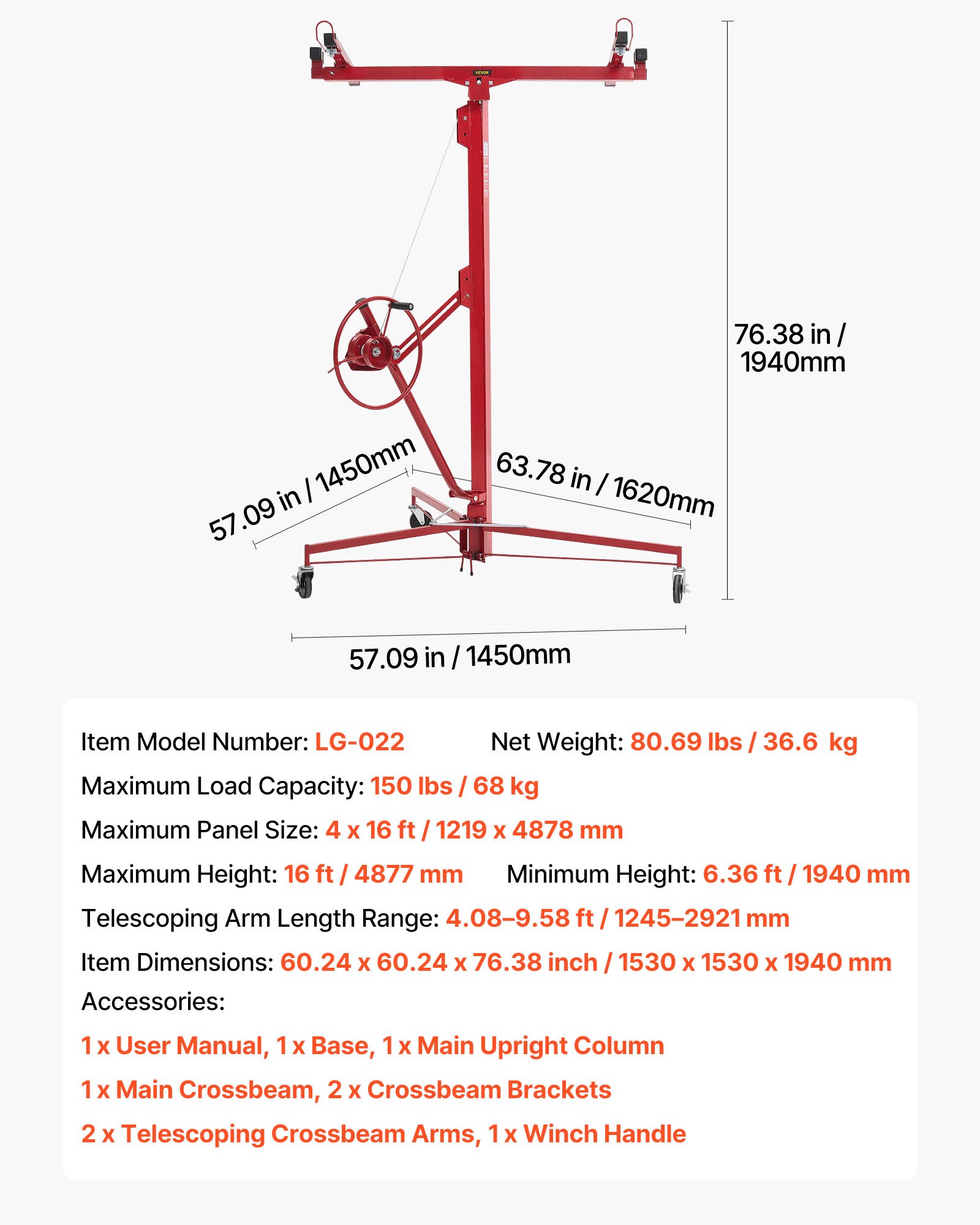 Podnośnik do płyt VEVOR o udźwigu do 68 kg, wysokość 4877 mm, podnośnik do płyt gipsowo-kartonowych z regulowanym ramieniem teleskopowym, podnośnik do płyt gipsowo-kartonowych, podnośnik do płyt gipsowo-kartonowych, podnośnik do płyt, sprzęt podnoszący, narzędzia, do montażu sufitowego i ściennego (czerwony)