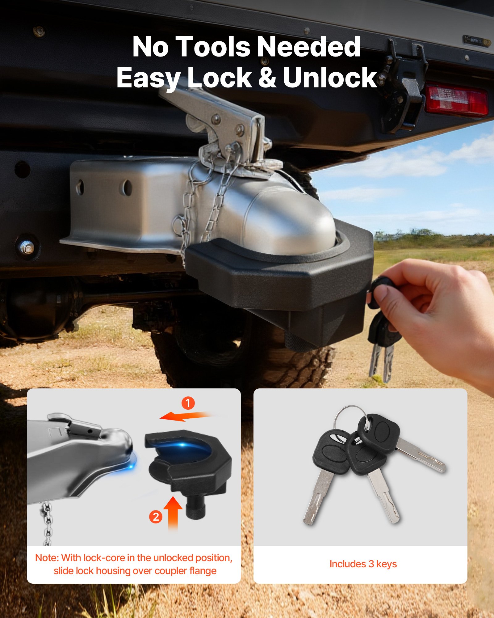 VEVOR Trailer Hitch Lock Kit, Compatible with 58.7 mm Couplers, Heavy-Duty Anti-Theft Trailer Ball Lock with 3 Keys & Padlock, Prying-Resistant & Impact-Resistant, Fits for RVs, Boats, Trailers