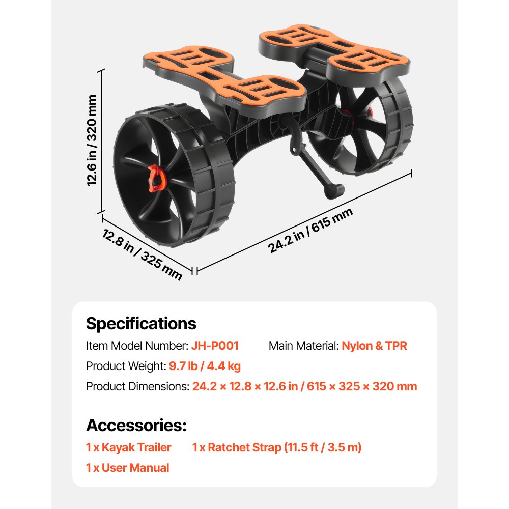 VEVOR Kayak Cart, 136.1 kg Load Capacity, Foldable Kayak Trolley with 25.4 cm Solid Rubber Tires & 1 Ratchet Strap, Paddle Board Trolley for Carrying Kayaks, Canoes, Paddleboards, Float Mats,Jon Boats
