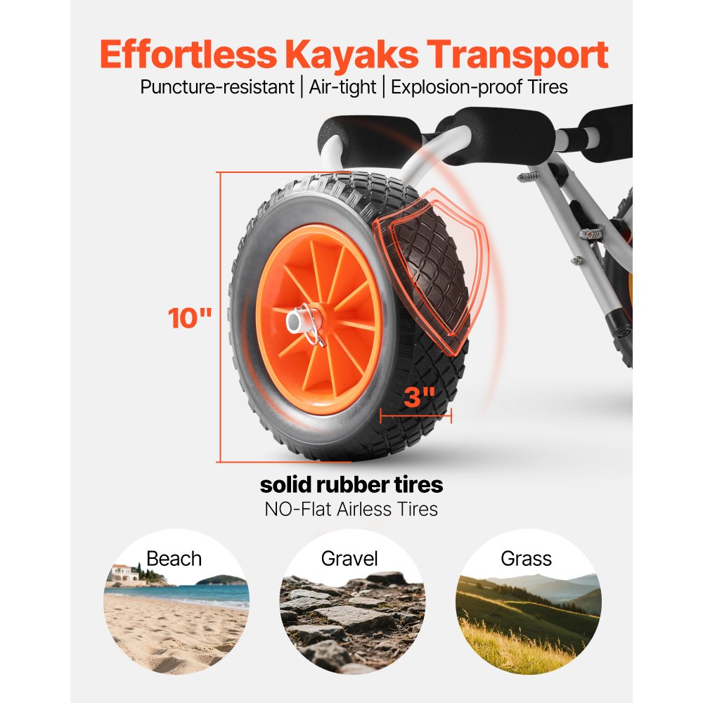 VEVOR Kayak Cart, 90 kg Load Capacity, Foldable Kayak Trolley with 25.4 cm Solid Rubber Tires & 1 Ratchet Strap, Paddle Board Trolley for Carrying Kayaks, Canoes, Paddleboards, Float Mats, Jon Boats