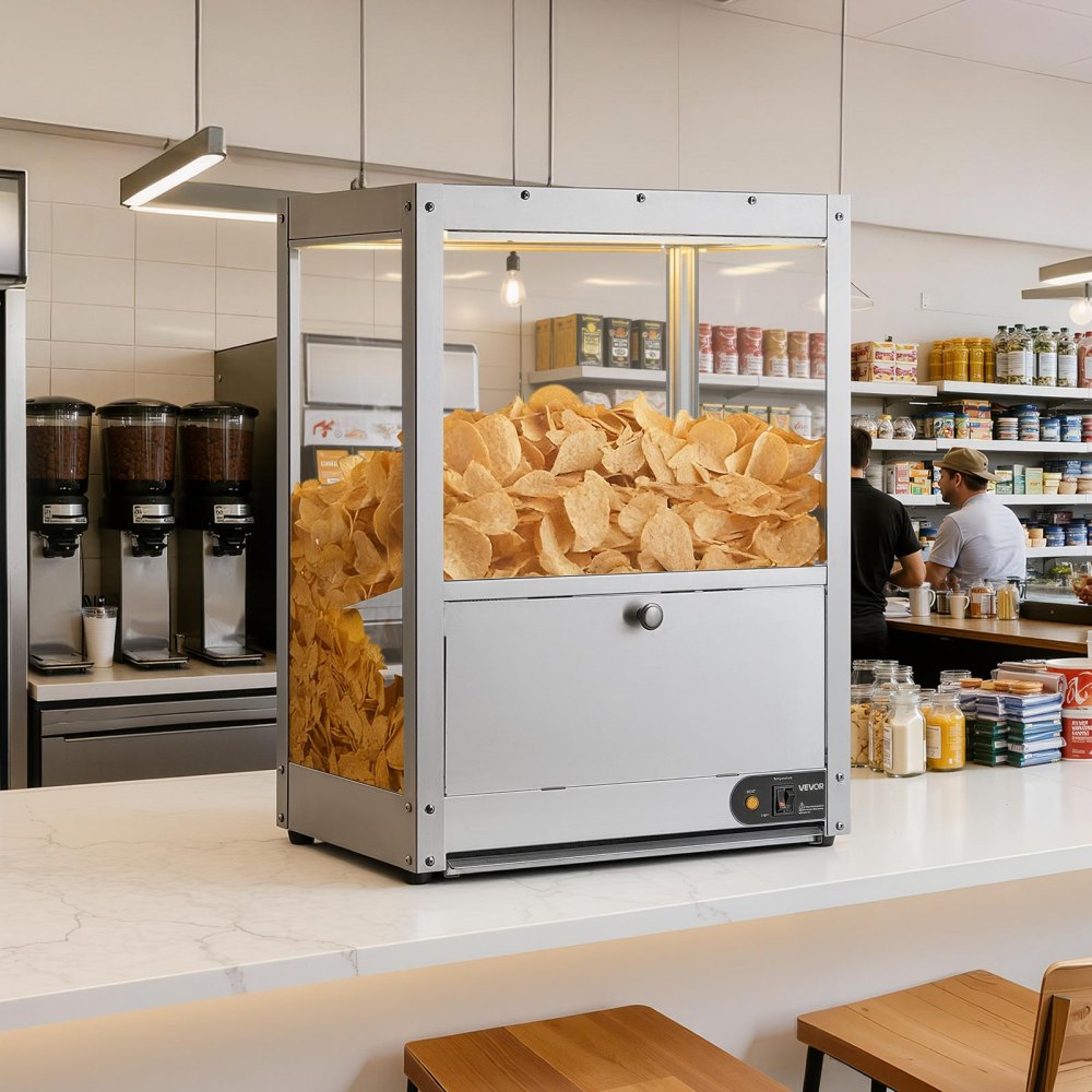 VEVOR Komercyjna maszyna do nachosów 80 l, elektryczny podgrzewacz do chipsów 300 W z płytą grzewczą, lampą grzewczą i płytą deflektora, podgrzewacz do chipsów nachos ze stali nierdzewnej do popcornu, chipsów ziemniaczanych i chipsów orzechowych
