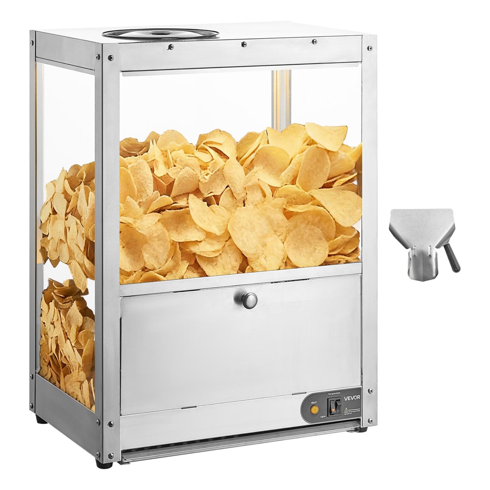 VEVOR Komercyjna maszyna do nachosów 80 l, elektryczny podgrzewacz do chipsów 300 W z płytą grzewczą, lampą grzewczą i płytą deflektora, podgrzewacz do chipsów nachos ze stali nierdzewnej do popcornu, chipsów ziemniaczanych i chipsów orzechowych