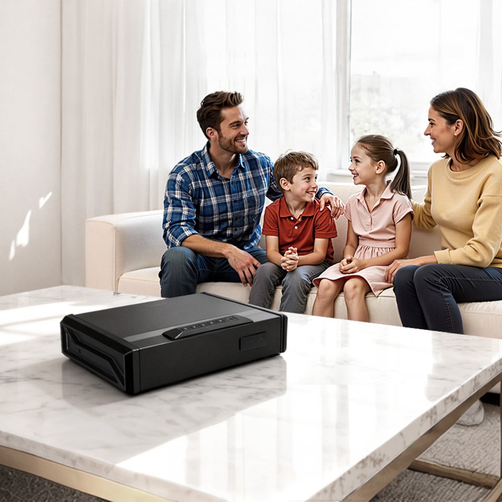 Sejf na broń VEVOR, sejf na pistolety z czytnikiem linii papilarnych/hasłem (kod czterocyfrowy)/kluczem, futerał na broń z oświetleniem na 2 pistolety i 2 magazynki, 360 x 275 x 90 mm