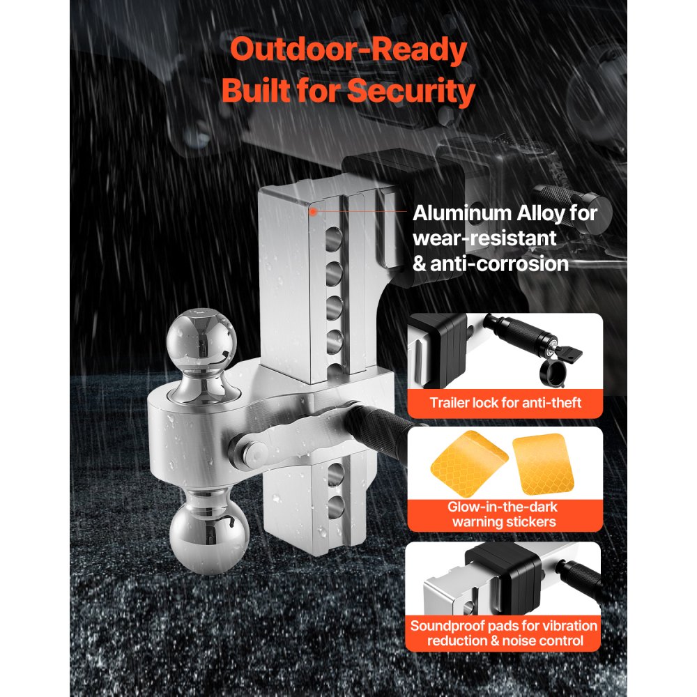 Regulowany zaczep holowniczy VEVOR, 8-calowy zaczep kulowy, mocowanie na trzy kule do odbiornika 2,5-calowego, rozmiar kuli holowniczej 1,8-2,3/2,3/2,3 cala, maks. 18 000 funtów, do kamperów, quadów i ciężarówek