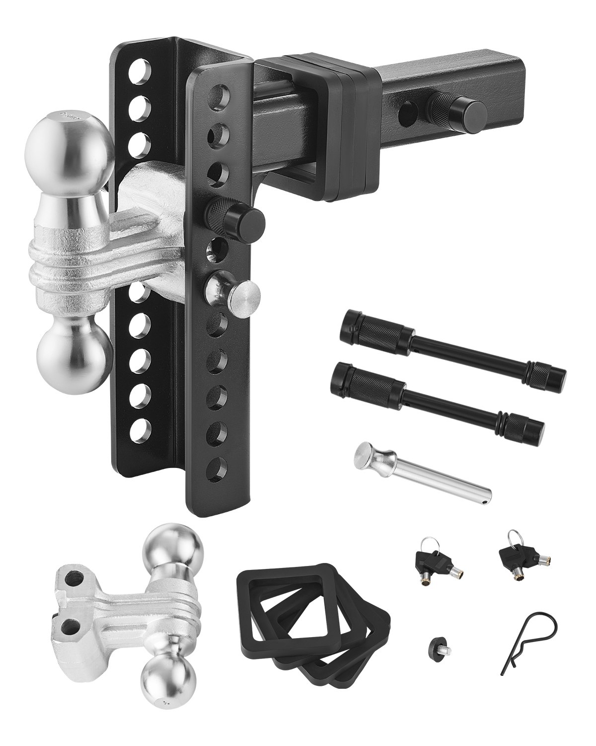 Regulowany zaczep holowniczy VEVOR, mocowanie głowicy kulowej 203 mm, głowica kulowa i belką holowniczą, zaczep holowniczy z kulami 50 mm i 58,7 mm, dopuszczalna masa całkowita 9750 kg, podwójne sprzęgi kulowe z zabezpieczeniem antykradzieżowym