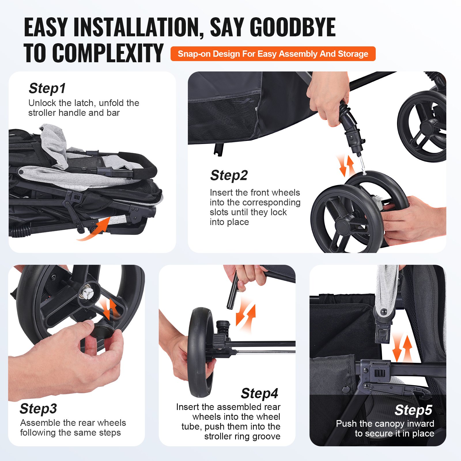 Wózek dziecięcy VEVOR Double, składany, lekki, dla dwóch osób, z siedziskiem typu tandem, regulowanym oparciem/podnóżkiem, pasem bezpieczeństwa, koszem i tacką, dla noworodków i małych dzieci (jasnoszary, czarny)