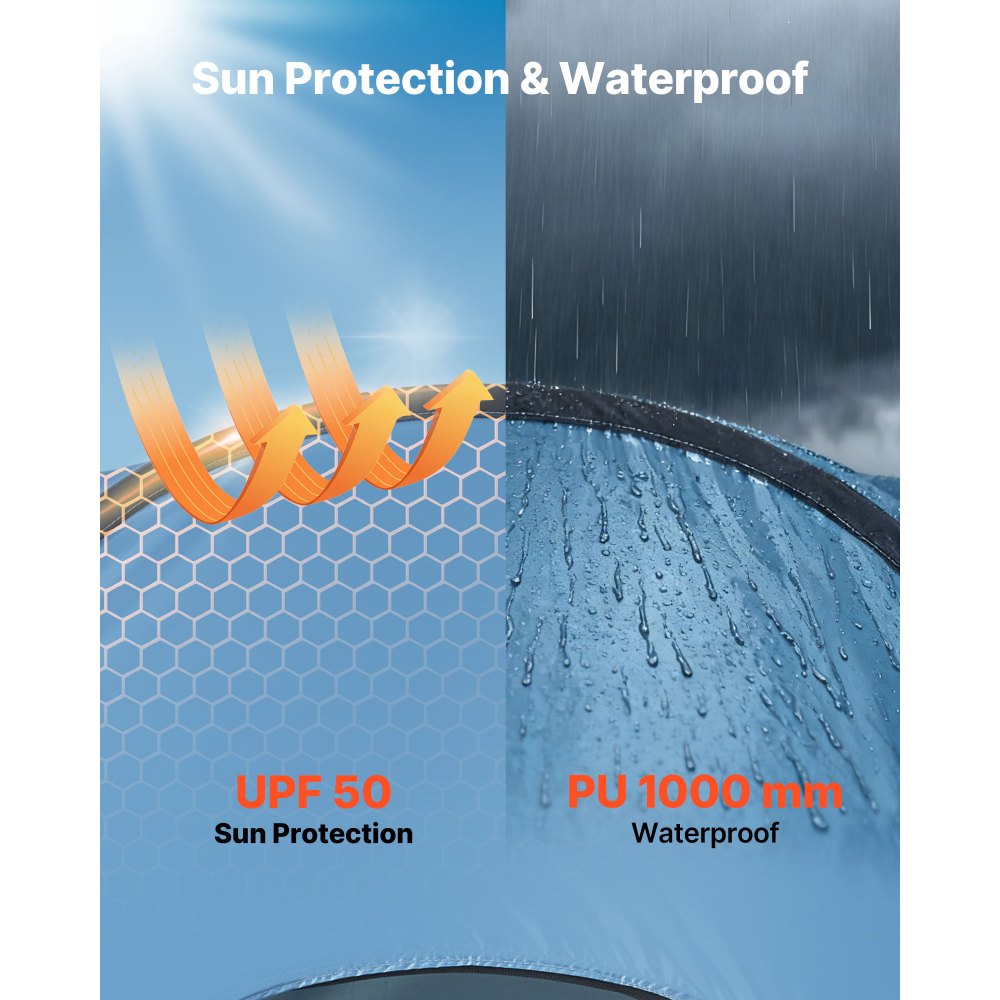 Namiot prysznicowy VEVOR (1219 x 1219 x 2134 mm) Wodoodporny namiot toaletowy z przebieralnią, w tym śledzie, liny, torba transportowa i torba do zawieszenia, wykonany z poliestru 190T, idealny na kemping, plażę i wędkowanie, w kolorze niebieskim