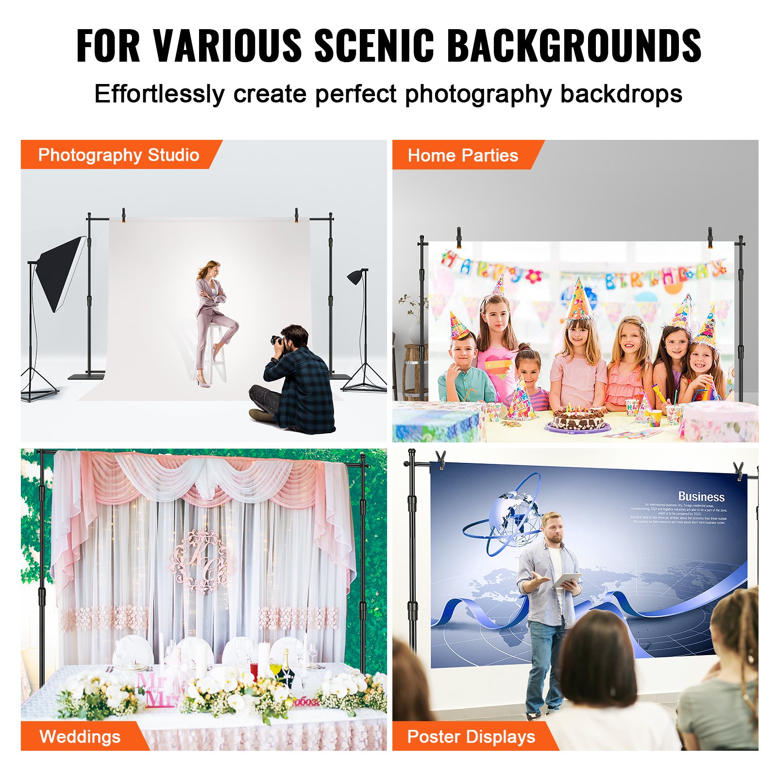 VEVOR Photo Backdrop Professional Photography Background 3048 x 3048 mm Background Fabric Size Studio Props Backdrop Adjustable, Pipe and Curtain Stand Weddings, Party Setups