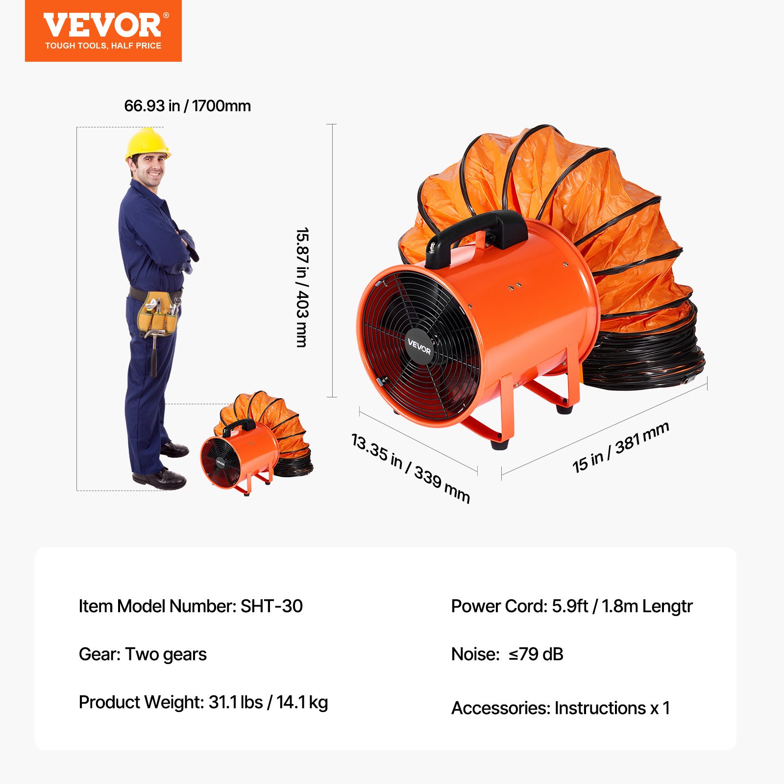 Wentylator budowlany VEVOR Silnik prądu przemiennego 300 W Dmuchawa budowlana 2810 obr./min Dmuchawa budowlana 1214 l/s (2574 CFM) Wentylator osiowy Wąż 10 m Dmuchawa osiowa Poziom hałasu 79 dB Wentylator przemysłowy IP44