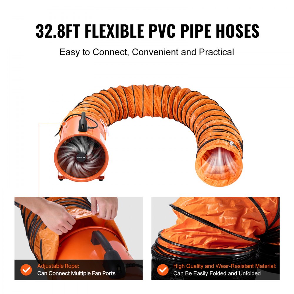 VEVOR 40.6cm Portable Ventilator, 2 Speed 5175CFM High-Velocity Industrial Utility Blower Fan with 10m Flexible Duct Hose, Exhaust Axial Fan for Basements, Workshops, Warehouses, Orange