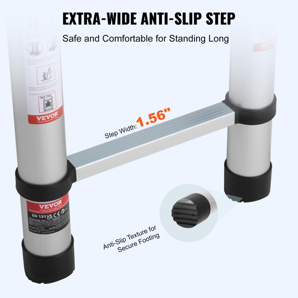 Drabina teleskopowa VEVOR, 5 m, lekka aluminiowa drabina rozsuwana, składana z wieloma kieszeniami, nośność 170 kg, antypoślizgowe nóżki, przenośna, kompaktowa drabina do domu, kampera, strychu