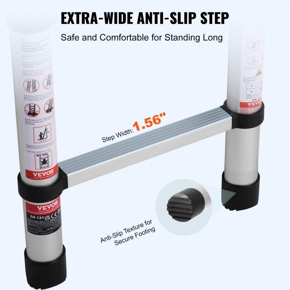 VEVOR Telescopic Ladder, 2.6 m long, extendable aluminum ladder, foldable ladder with one-button retraction, 160 kg load capacity with non-slip feet, portable compact ladder for home, camper van, attic
