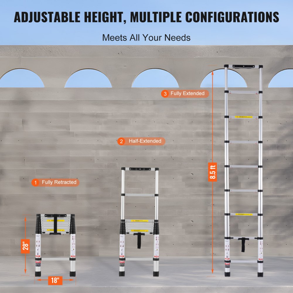 VEVOR Telescopic Ladder, 2.6 m long, extendable aluminum ladder, foldable ladder with one-button retraction, 160 kg load capacity with non-slip feet, portable compact ladder for home, camper van, attic