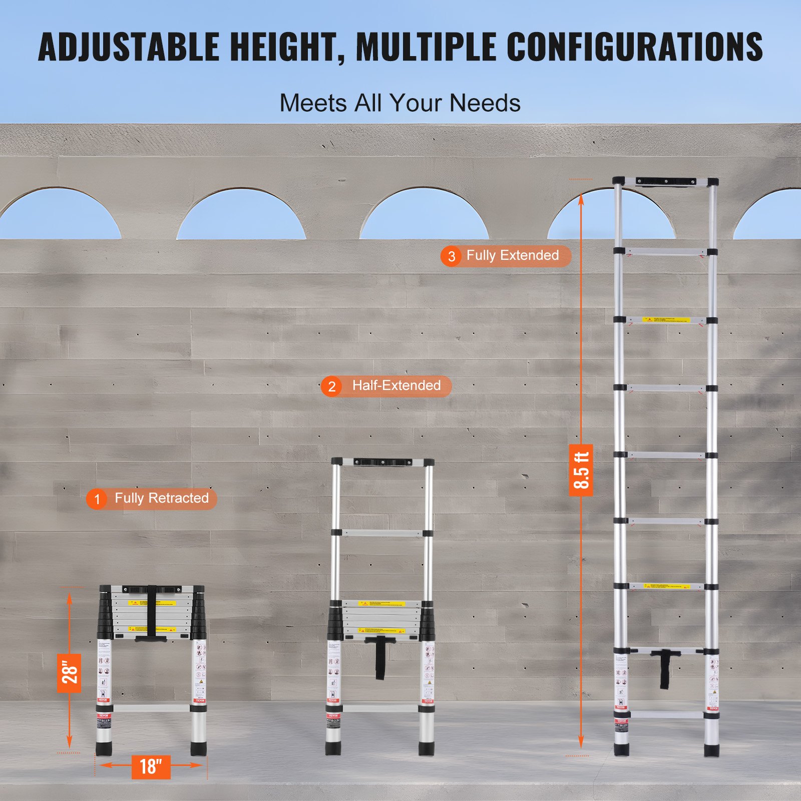 VEVOR Telescopic Ladder, 2.6 m long, extendable aluminum ladder, foldable ladder with one-button retraction, 160 kg load capacity with non-slip feet, portable compact ladder for home, camper van, attic