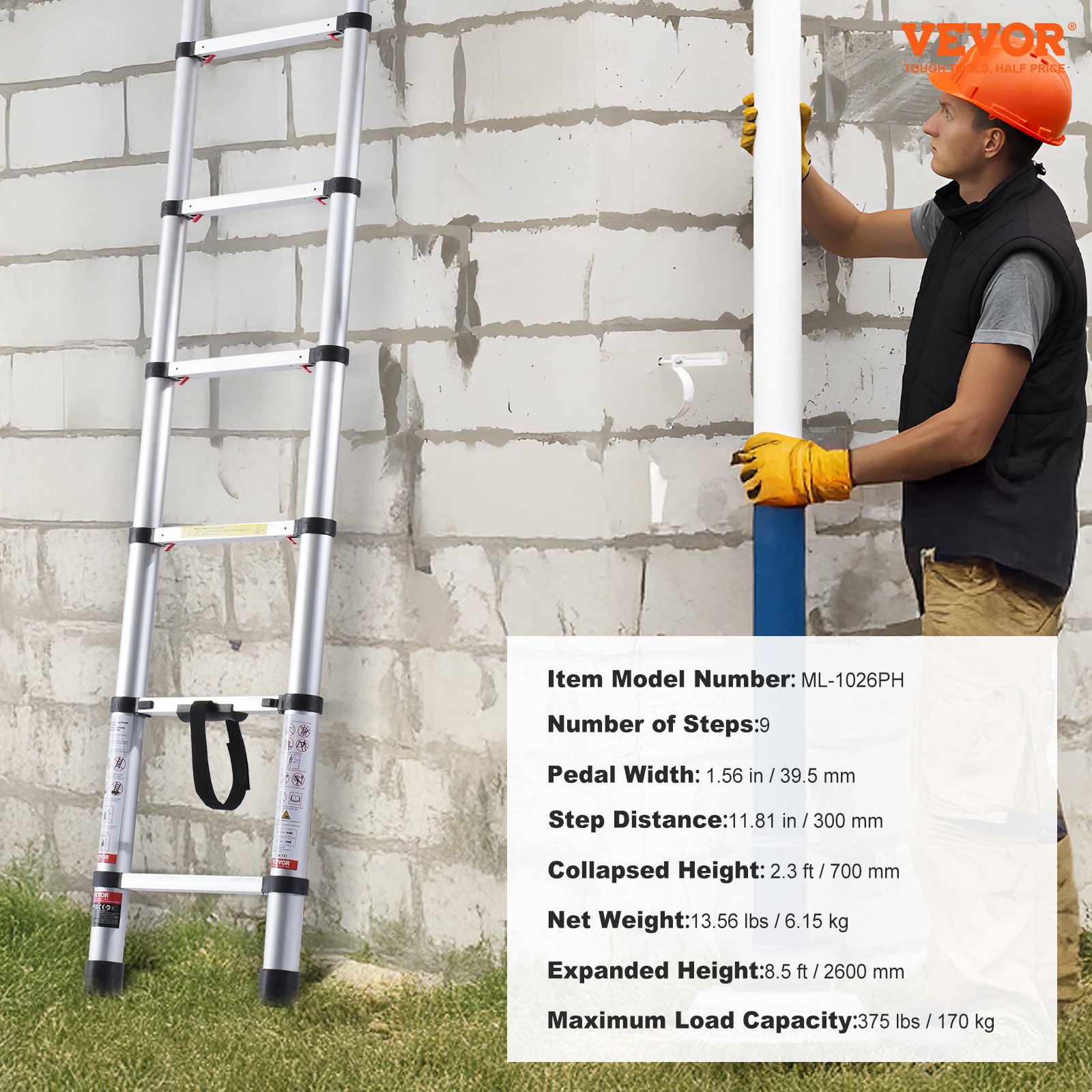 VEVOR Telescopic Ladder, 2.6 m long, extendable aluminum ladder, foldable ladder with one-button retraction, 160 kg load capacity with non-slip feet, portable compact ladder for home, camper van, attic