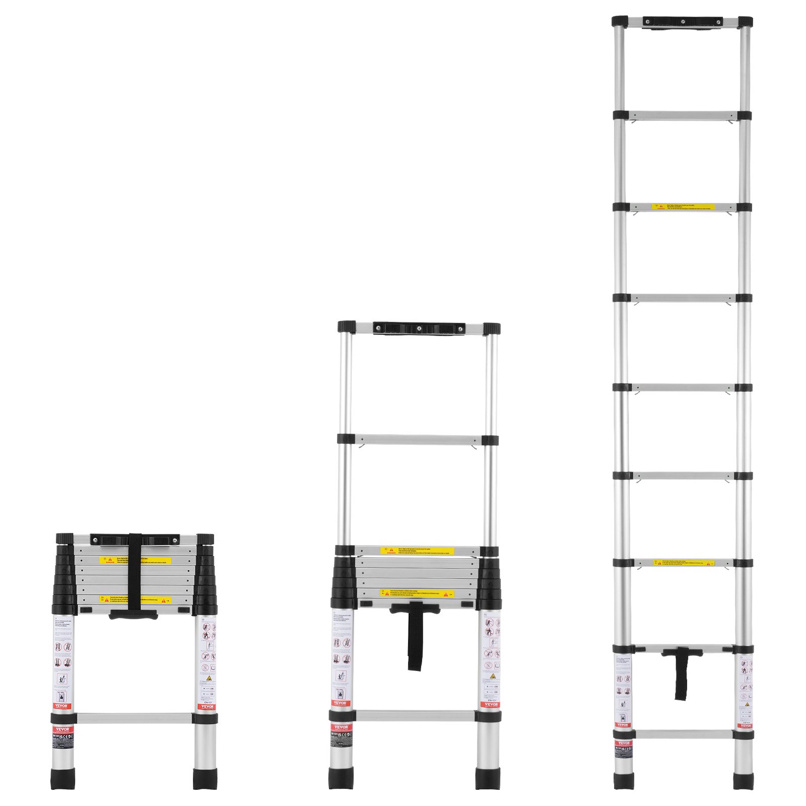 VEVOR Telescopic Ladder, 2.6 m long, extendable aluminum ladder, foldable ladder with one-button retraction, 160 kg load capacity with non-slip feet, portable compact ladder for home, camper van, attic