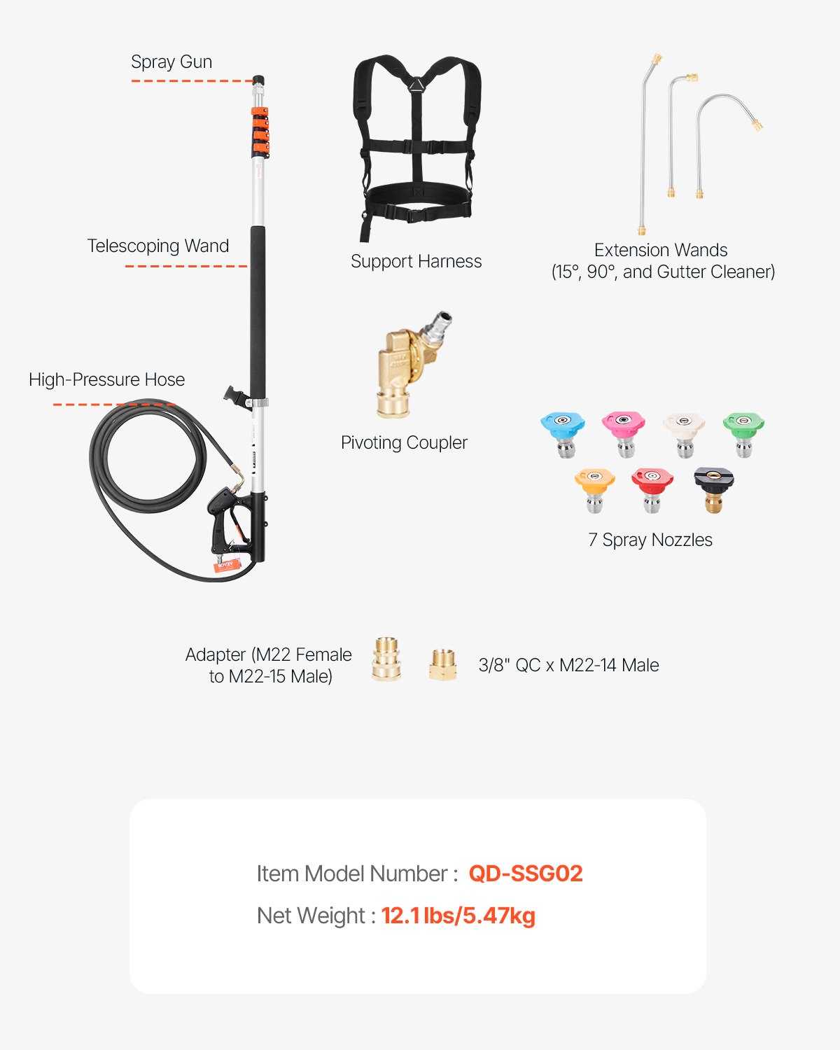 Lanca teleskopowa VEVOR, 6358 mm, 4000 psi, lanca teleskopowa z przedłużkami do myjek ciśnieniowych, przyrząd do czyszczenia rynien, złącze obrotowe, 7 końcówek dyszy rozpylającej i regulowany pasek podtrzymujący