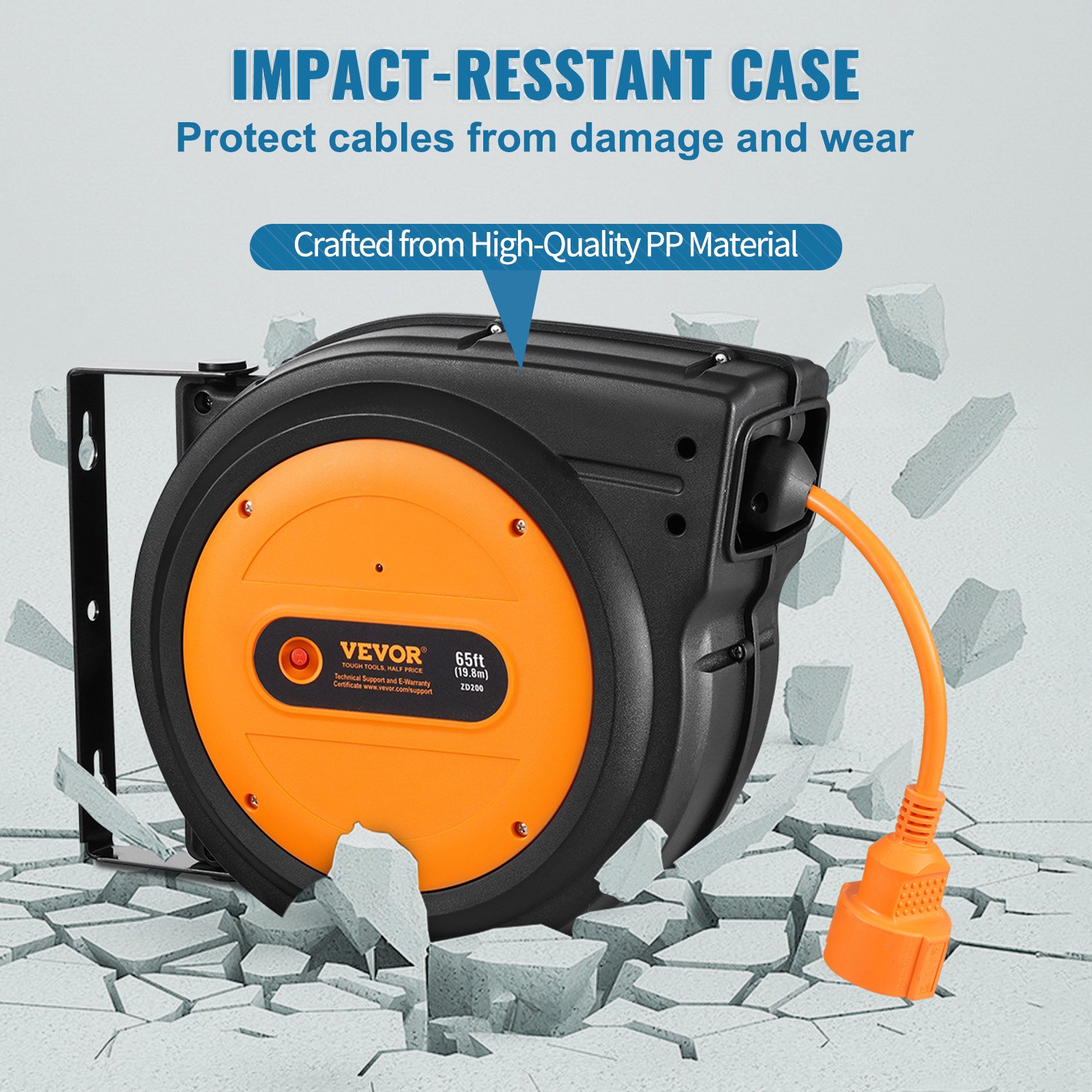 Przedłużacz zwijany VEVOR, 19 m, 1600 W, wytrzymały, zwijany przewód zasilający o długości 1 m, zabezpieczenie przed przegrzaniem, osłona PP, obrotowy uchwyt 180° do montażu na suficie lub ścianie