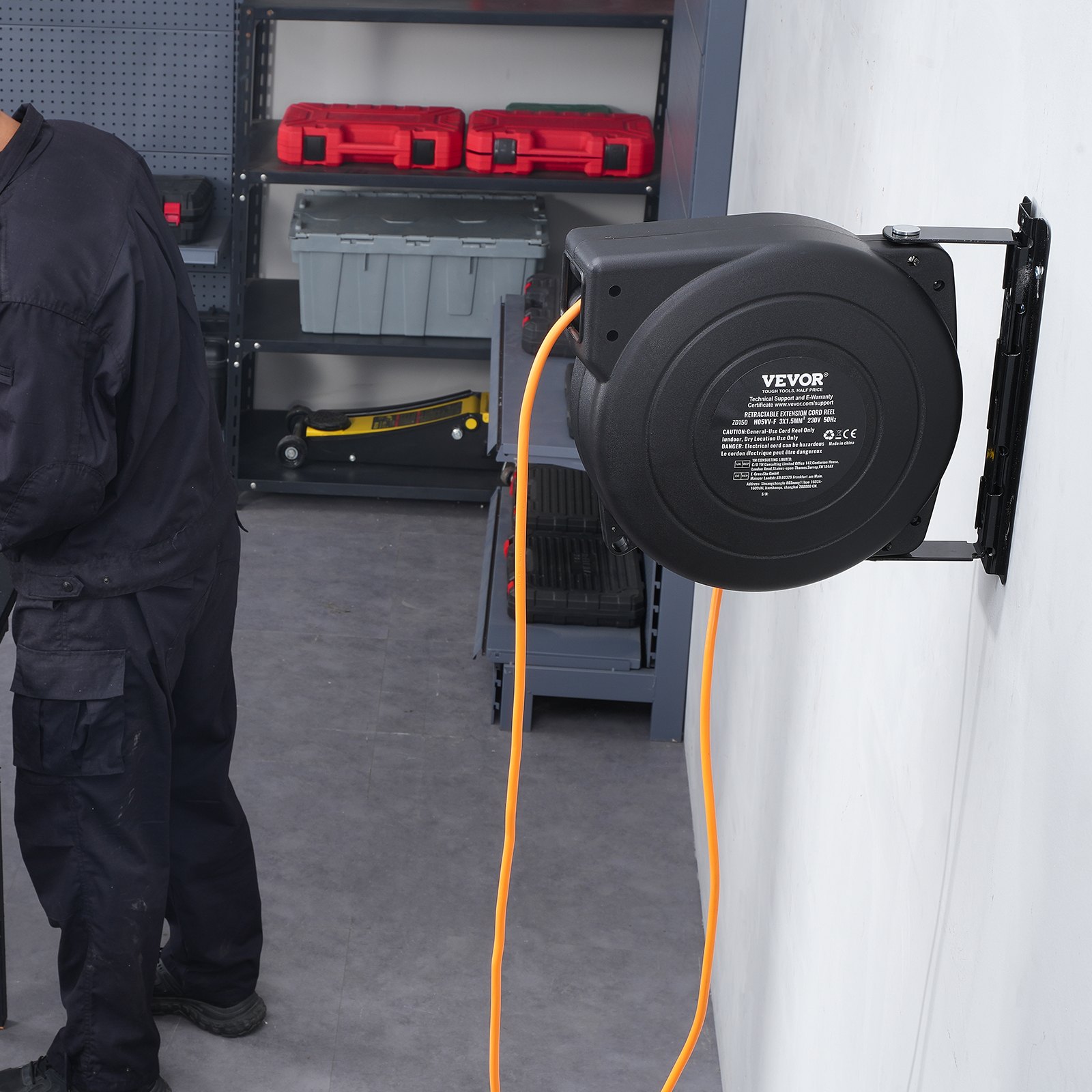 Przedłużacz zwijany VEVOR, 19 m, 1000 W, wytrzymały, zwijany przewód zasilający o długości 1 m, zabezpieczenie przed przegrzaniem, osłona PP, obrotowy uchwyt 180° do montażu na suficie lub ścianie