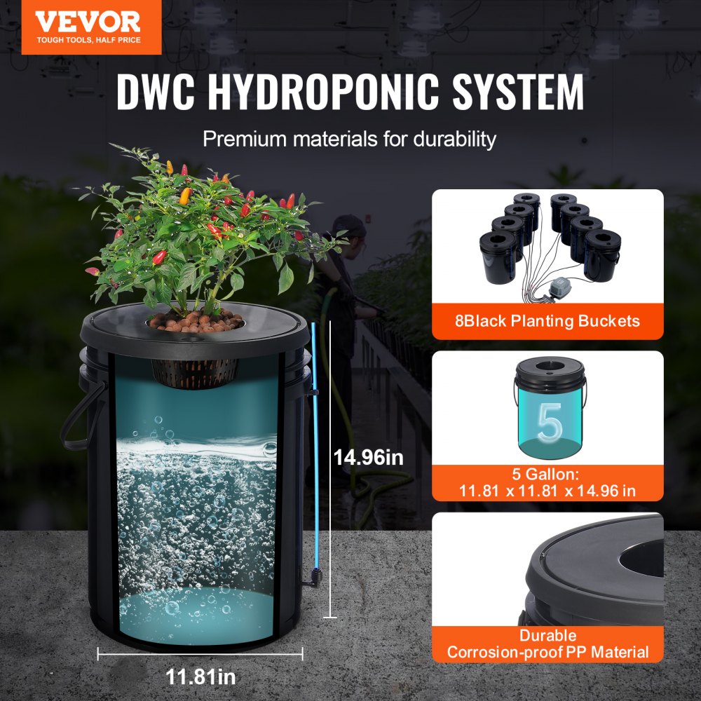 System hydroponiczny VEVOR DWC, system do uprawy hydroponicznej, głęboka uprawa wodna, 5 galonów, 8 wiader, system DWC z pompą powietrza, kamieniami napowietrzającymi i wskaźnikiem poziomu wody do warzyw liściastych