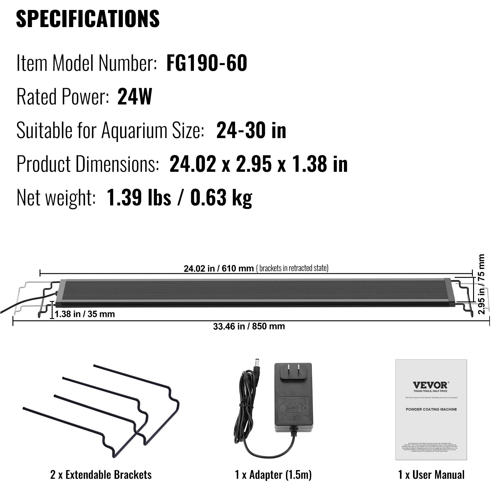 VEVOR 24W Lampa akwariowa o pełnym spektrum z trybem naturalnym 24/7, regulowanym timerem i 5-stopniową jasnością, oświetlenie akwariowe z wysuwanymi uchwytami ze stopu aluminium, akwarium o średnicy od 61 do 76 cm