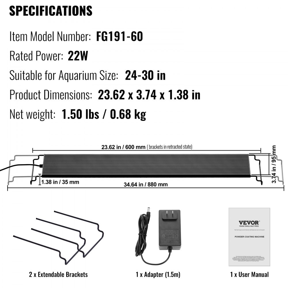 Lampa akwariowa VEVOR z monitorem LCD, 22 W, pełne spektrum światła, tryb naturalny 24/7, regulowana jasność i timer, obudowa ze stopu aluminium, wysuwane uchwyty 61-76 cm