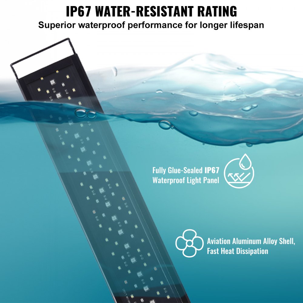 Lampa do akwarium VEVOR z monitorem LCD, pełnozakresowe oświetlenie akwariowe o mocy 42 W z trybem natury 24/7, regulacją jasności i timerem - wysuwane wsporniki ze stopu aluminium do 48"-54