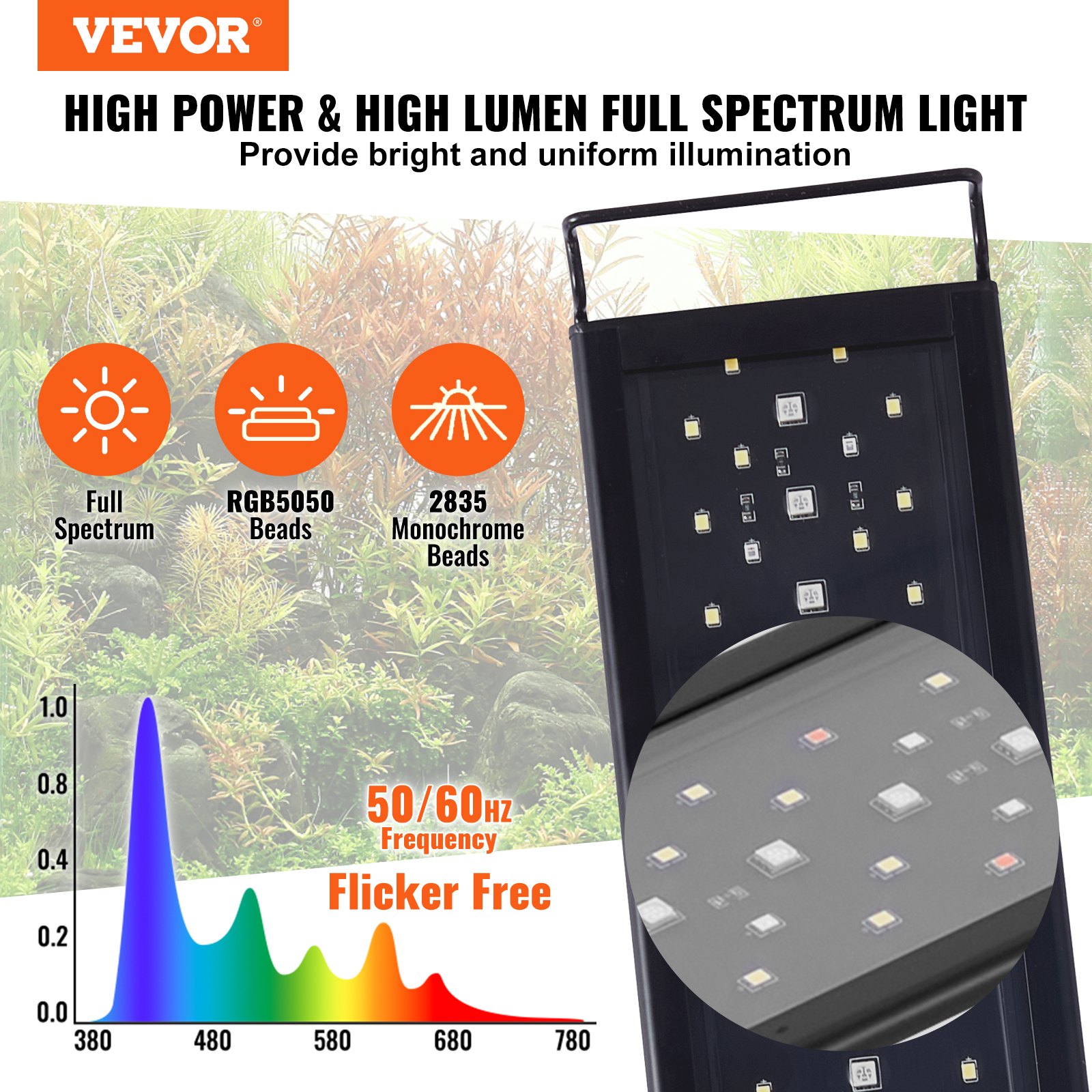 Lampa do akwarium VEVOR z monitorem LCD, pełnozakresowe oświetlenie akwariowe o mocy 42 W z trybem natury 24/7, regulacją jasności i timerem - wysuwane wsporniki ze stopu aluminium do 48"-54