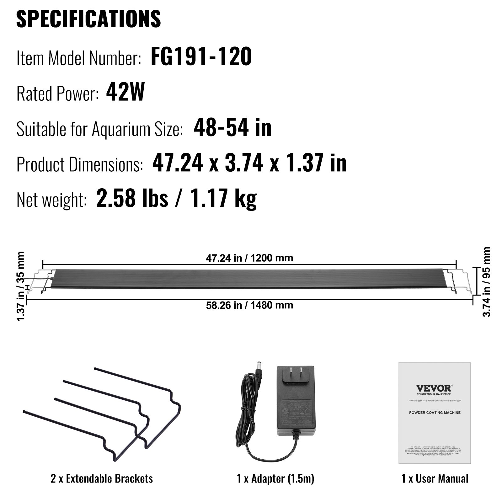 Lampa do akwarium VEVOR z monitorem LCD, pełnozakresowe oświetlenie akwariowe o mocy 42 W z trybem natury 24/7, regulacją jasności i timerem - wysuwane wsporniki ze stopu aluminium do 48"-54