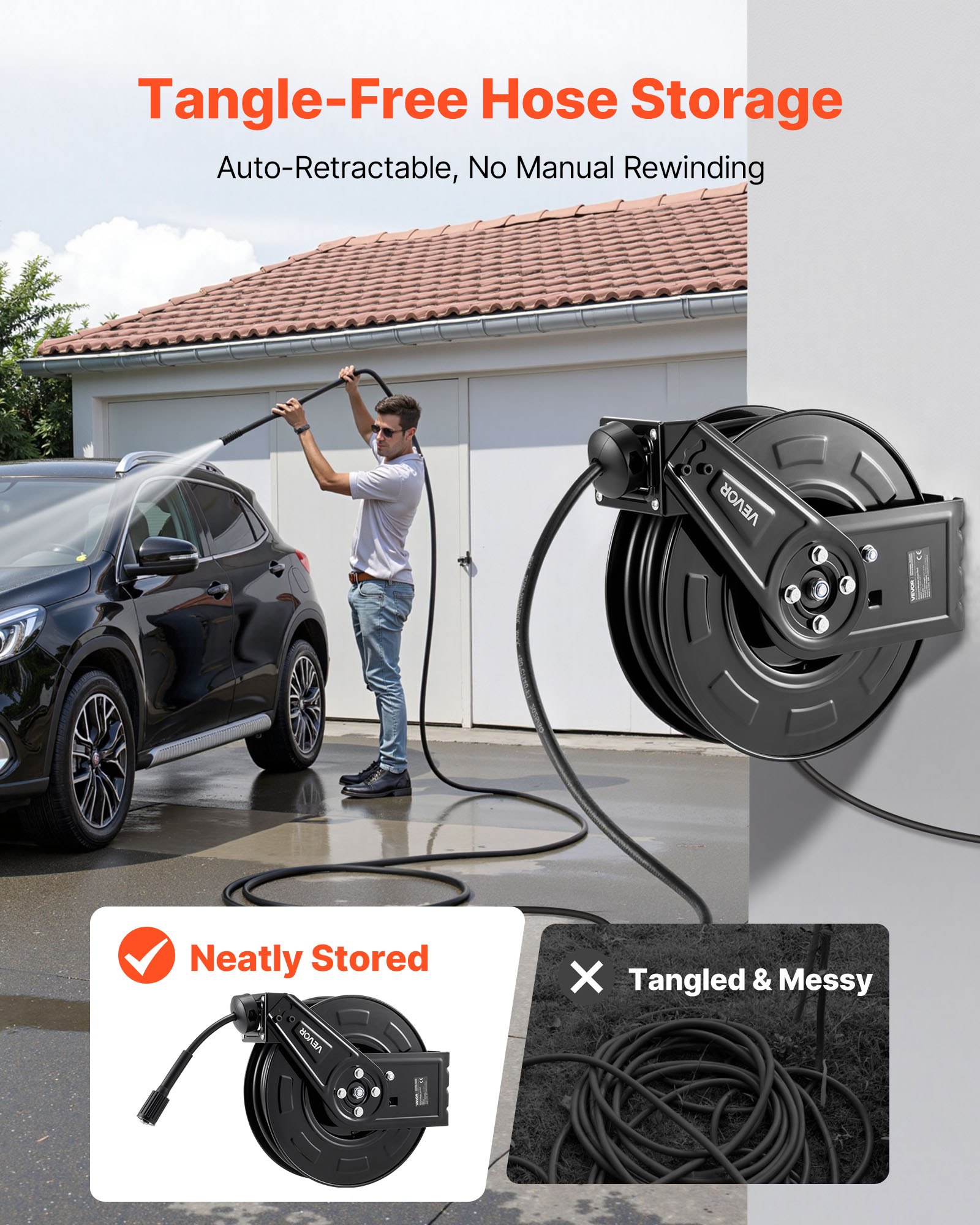 VEVOR Pressure Washer Hose Reel, 18.3 m x 6.4 mm Retractable Power Heavy-Duty Steel Washer Hose Reel, 4000PSI Max, Auto-Rewinding, Flexible Wall/Floor Mounted for Car Washing,Garden,Floor Cleaning