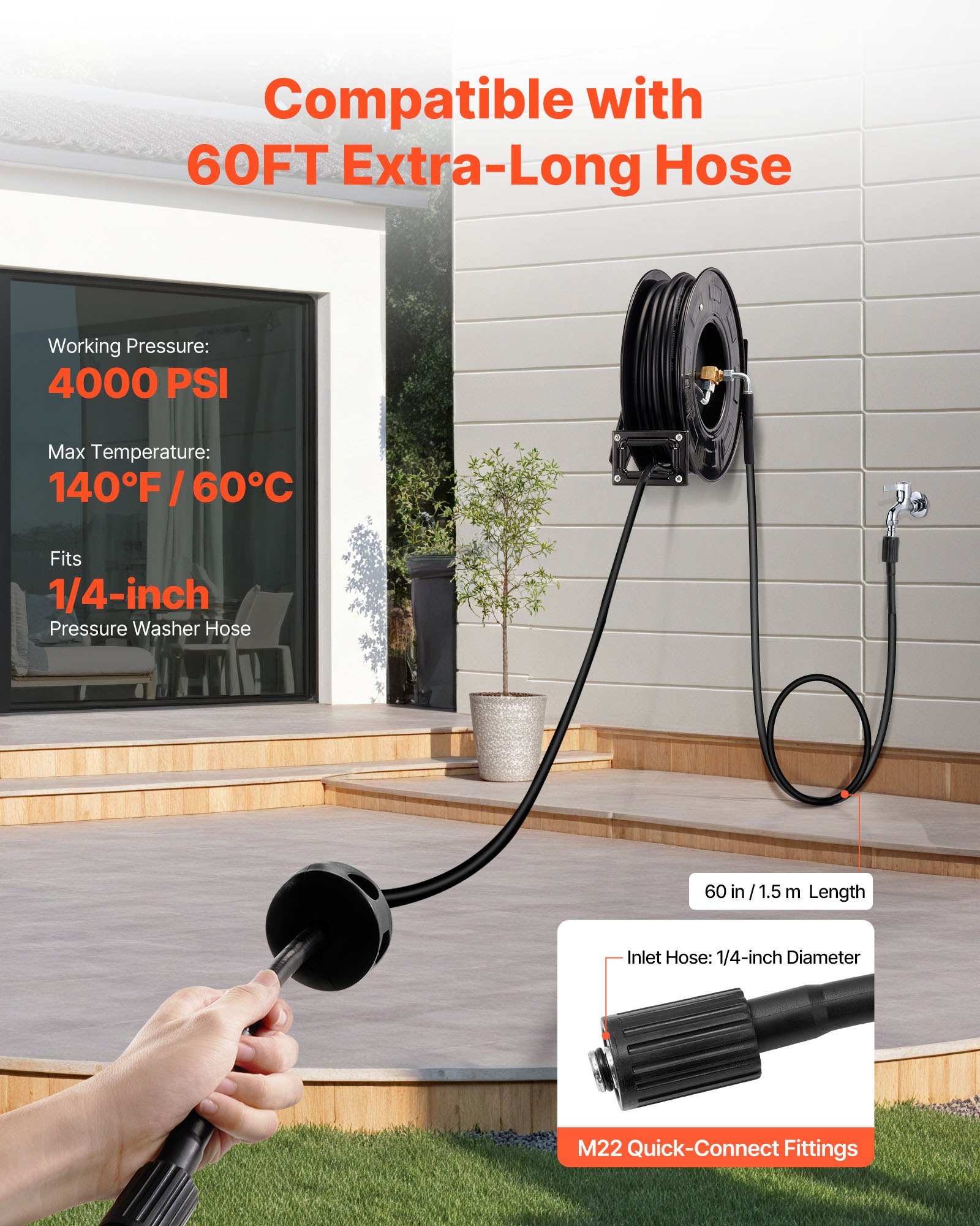 VEVOR Pressure Washer Hose Reel, 18.3 m x 6.4 mm Retractable Power Heavy-Duty Steel Washer Hose Reel, 4000PSI Max, Auto-Rewinding, Flexible Wall/Floor Mounted for Car Washing,Garden,Floor Cleaning