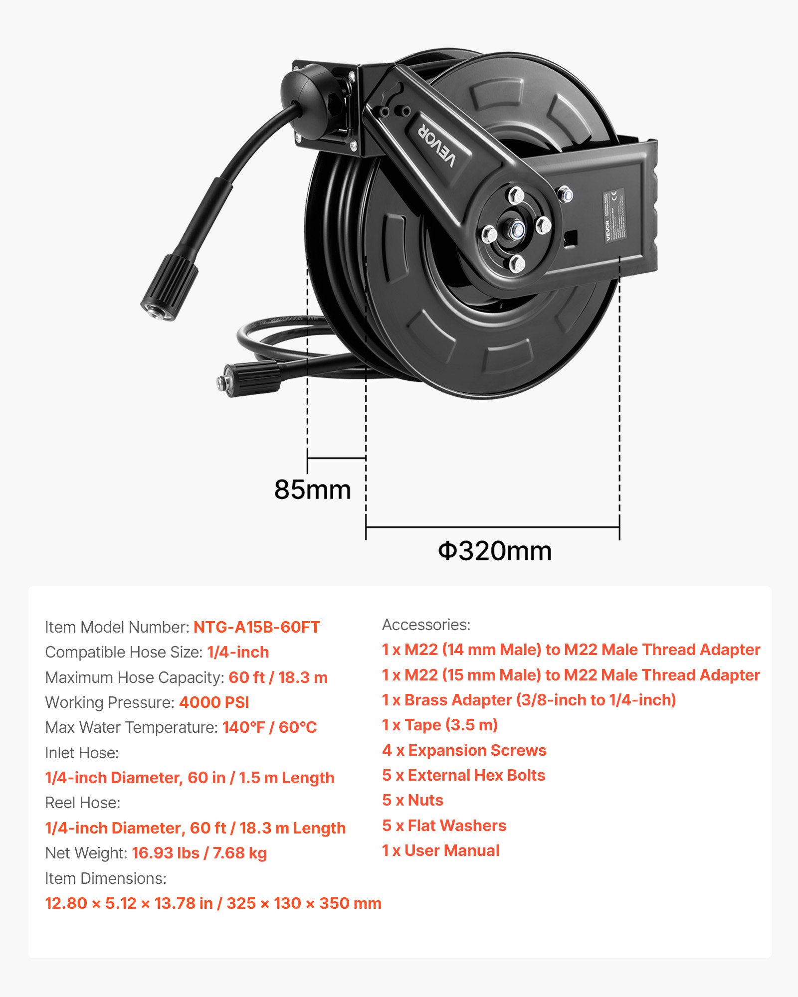 VEVOR Pressure Washer Hose Reel, 18.3 m x 6.4 mm Retractable Power Heavy-Duty Steel Washer Hose Reel, 4000PSI Max, Auto-Rewinding, Flexible Wall/Floor Mounted for Car Washing,Garden,Floor Cleaning