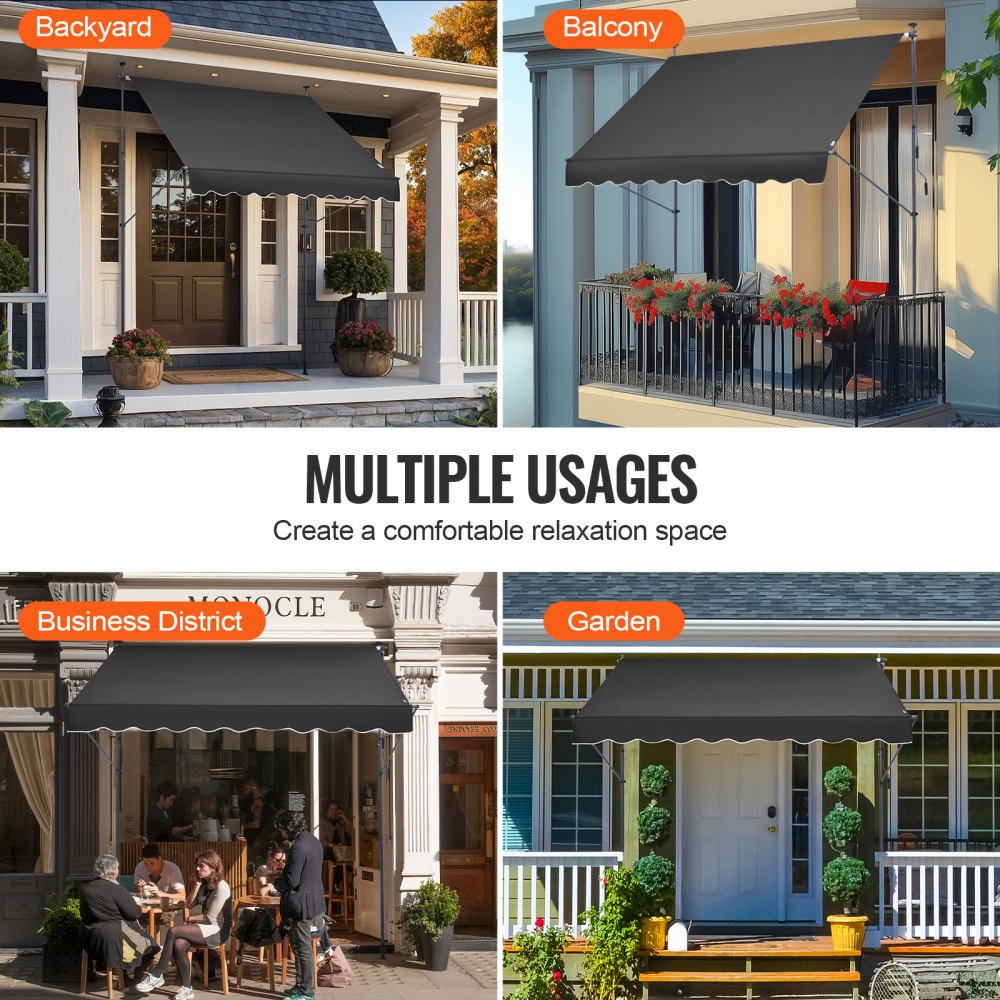 Markiza balkonowa VEVOR z korbą, 250 x 120 cm, markiza przeciwsłoneczna, zadaszenie tarasu Sunsetter Deck, wysokość regulowana od 218 do 309 cm, markiza na taras/balkon/ogród, czarna