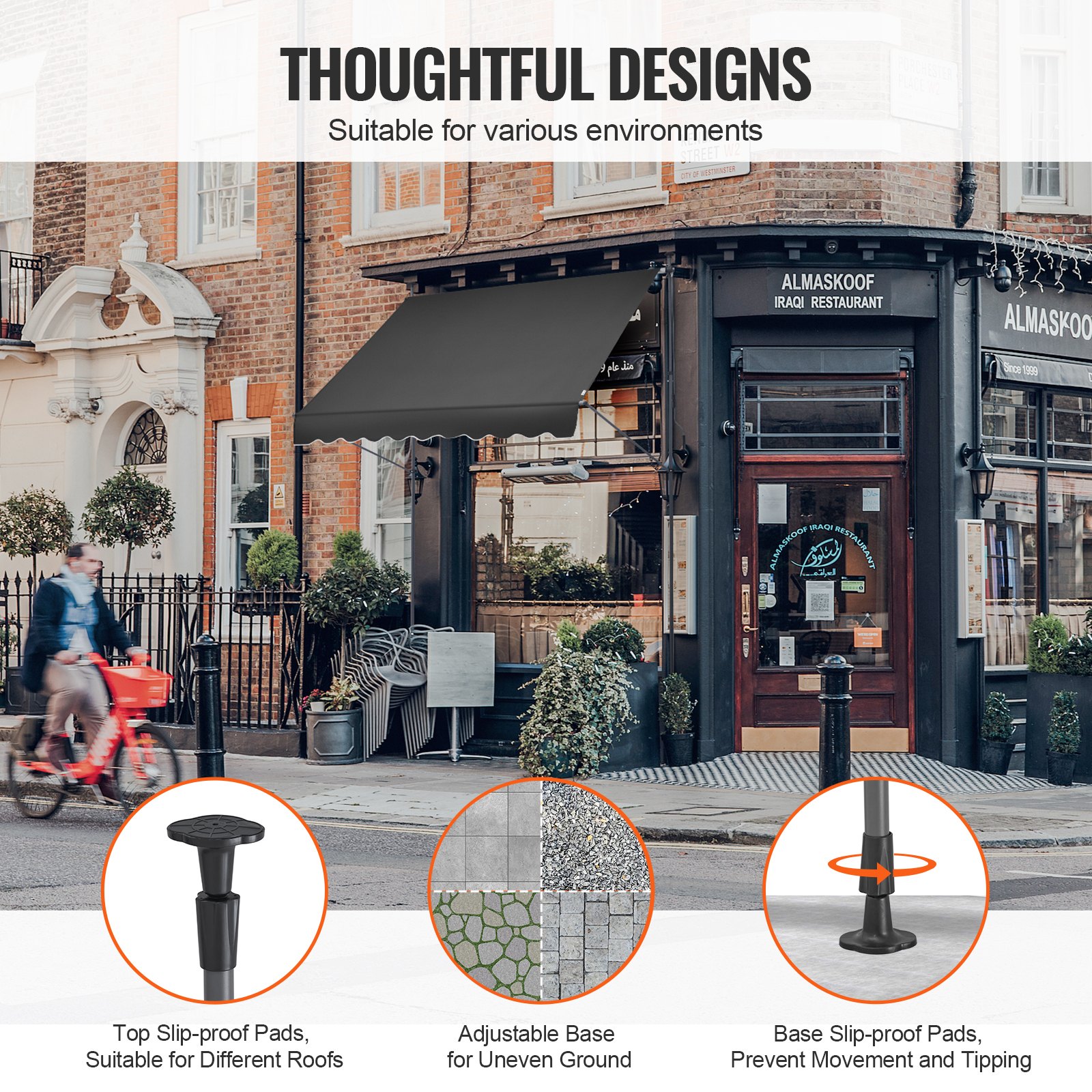 Markiza balkonowa VEVOR z korbą, 250 x 120 cm, markiza przeciwsłoneczna, zadaszenie tarasu Sunsetter Deck, wysokość regulowana od 218 do 309 cm, markiza na taras/balkon/ogród, czarna