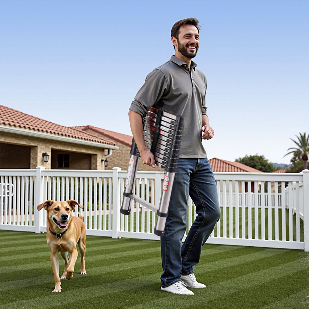 Drabina teleskopowa VEVOR, długość 3740 mm, stal nierdzewna, składana, o udźwigu 150 kg (75°) i antypoślizgowych stopkach, przenośna, 13-stopniowa drabina do domu, kampera, strychu