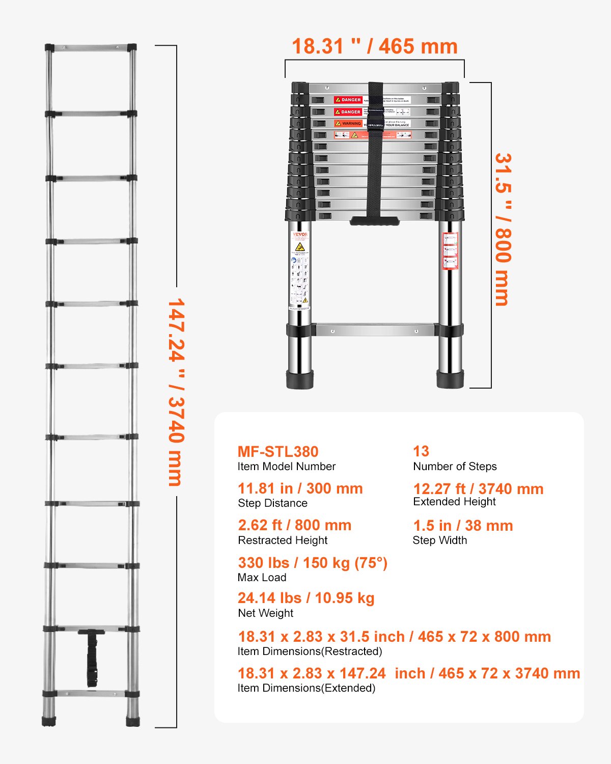 Drabina teleskopowa VEVOR, długość 3740 mm, stal nierdzewna, składana, o udźwigu 150 kg (75°) i antypoślizgowych stopkach, przenośna, 13-stopniowa drabina do domu, kampera, strychu
