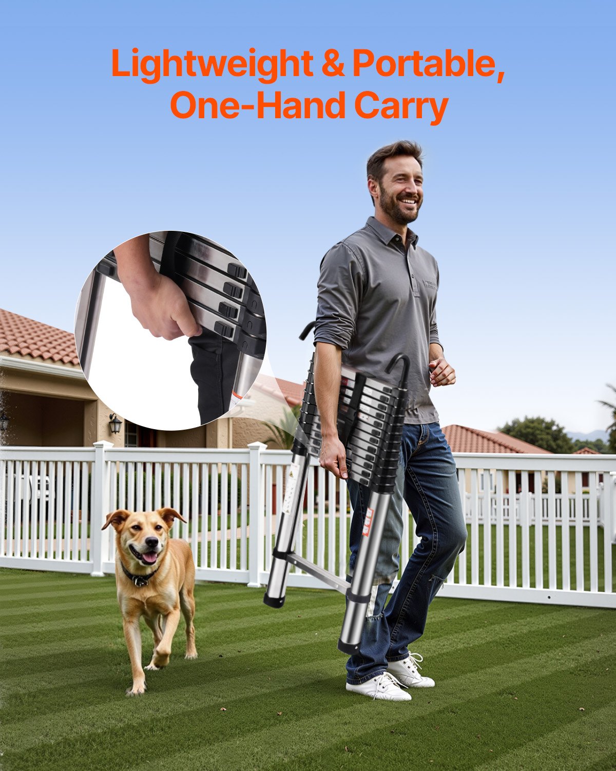 Drabina teleskopowa VEVOR, długość 5030 mm, stal nierdzewna, składana, udźwig 150 kg (75°) i antypoślizgowe nóżki, przenośna, 13-stopniowa drabina do domu, kampera, strychu