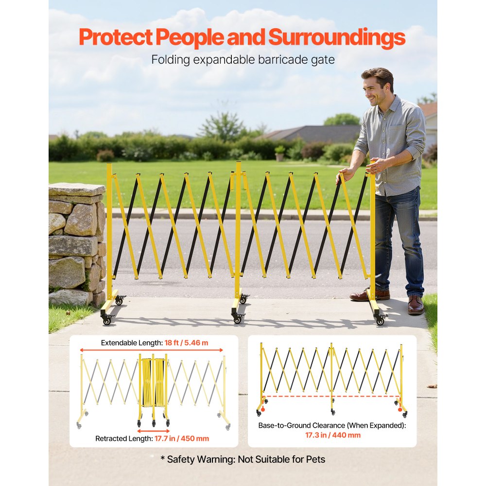 VEVOR Double Expandable Barricades, 5.46m Industrial Safety Barriers, Flexible Mobile Barricade with Locking Casters, Portable Folding Security Gate Metal Traffic Fence for Driveway Warehouse Elevator